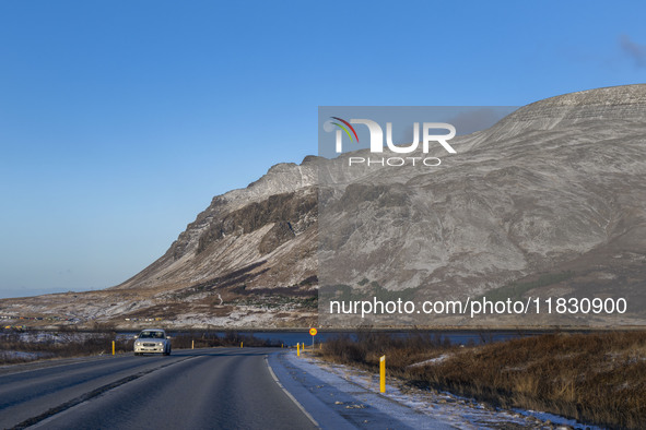 The scenario of route number 1 (Ring Road) in the area of Alfsnes, Iceland, on November 27, 2024, shows that roads in northern Iceland prese...