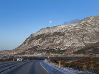 The scenario of route number 1 (Ring Road) in the area of Alfsnes, Iceland, on November 27, 2024, shows that roads in northern Iceland prese...