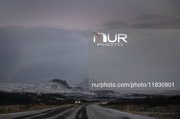 The scenario of route number 1 (Ring Road) in the Bitfros region, Iceland, on November 27, 2024, shows that roads in northern Iceland presen...