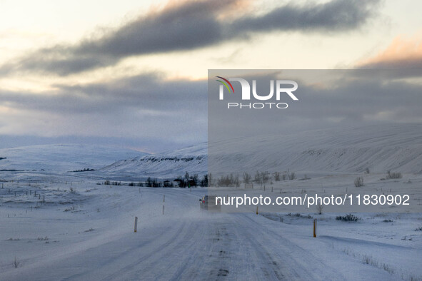 Roads in northern Iceland present unique challenges due to winter weather conditions. In the area of Laugar, Iceland, on November 27, 2024,...