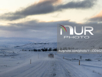 Roads in northern Iceland present unique challenges due to winter weather conditions. In the area of Laugar, Iceland, on November 27, 2024,...