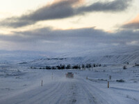 Roads in northern Iceland present unique challenges due to winter weather conditions. In the area of Laugar, Iceland, on November 27, 2024,...