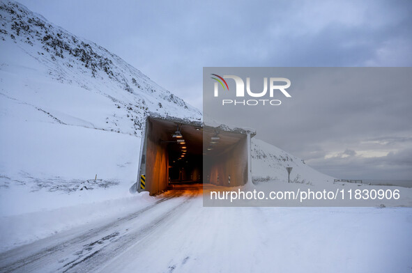 The alternate road 82, Mulagong tunnel, is on the way to the town of Olafsfjordur, Iceland, on November 27, 2024. Roads in northern Iceland...