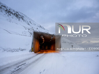 The alternate road 82, Mulagong tunnel, is on the way to the town of Olafsfjordur, Iceland, on November 27, 2024. Roads in northern Iceland...