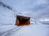 The alternate road 82, Mulagong tunnel, is on the way to the town of Olafsfjordur, Iceland, on November 27, 2024. Roads in northern Iceland...