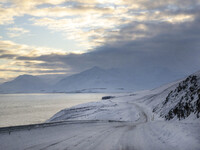 The alternate road 82, along the coastline on the road to the town of Dalvik, Iceland, on November 27, 2024, presents unique challenges due...