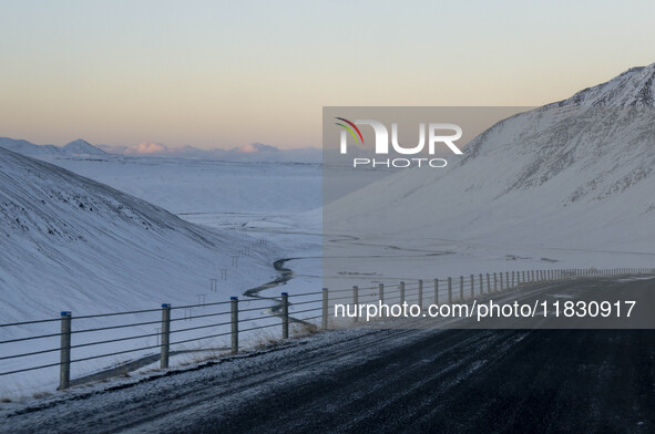 The route number 1 (Ring Road) on the way to the area of Bolstadarhlid in Iceland on November 27, 2024, presents unique challenges due to wi...