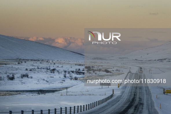 The Route 1 (Ring Road) on the way to the Blonduos area in Iceland on November 27, 2024, presents unique challenges due to winter weather co...