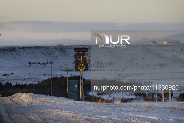 Speed control device located on Route 1 (Ring Road) on the way to the village of Blonduos, Iceland on November 27, 2024. Roads in northern I...