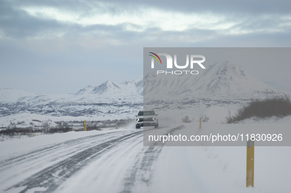 The scenario of Route 1 (Ring Road) near Lake Myvatn in the Reykjahlid region, Iceland, on November 27, 2024, shows that roads in northern I...