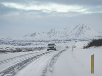 The scenario of Route 1 (Ring Road) near Lake Myvatn in the Reykjahlid region, Iceland, on November 27, 2024, shows that roads in northern I...