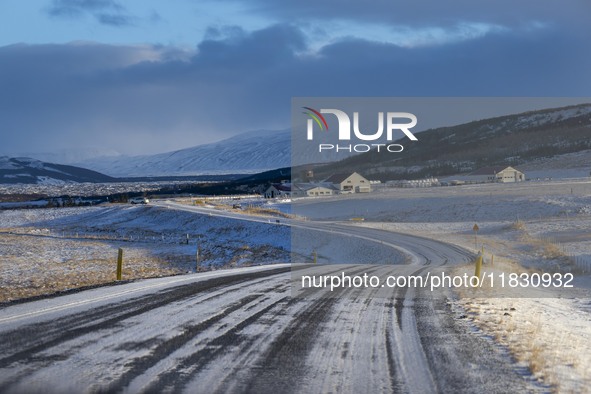 Scenery on alternate road 518 in the Reykholt region, Iceland, on November 27, 2024. Roads in northern Iceland present unique challenges due...