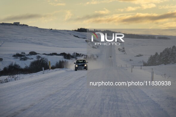 The scenery of Route 1 (Ring Road) in the Laugar region, Iceland, on November 27, 2024, shows roads in northern Iceland that present unique...