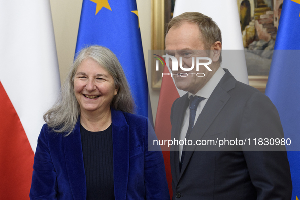 Polish Prime Minister Donald Tusk welcomes Secretary-General of the Council of the European Union (EU) Therese Blanchet in Warsaw, Poland, o...