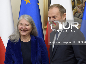 Polish Prime Minister Donald Tusk welcomes Secretary-General of the Council of the European Union (EU) Therese Blanchet in Warsaw, Poland, o...