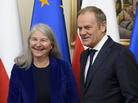 Polish Prime Minister Donald Tusk welcomes Secretary-General of the Council of the European Union (EU) Therese Blanchet in Warsaw, Poland, o...