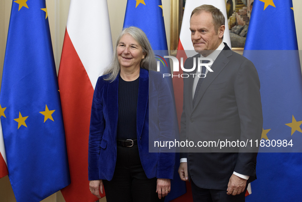 Polish Prime Minister Donald Tusk welcomes Secretary-General of the Council of the European Union (EU) Therese Blanchet in Warsaw, Poland, o...