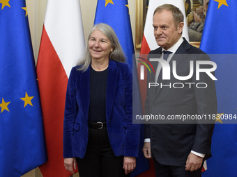 Polish Prime Minister Donald Tusk welcomes Secretary-General of the Council of the European Union (EU) Therese Blanchet in Warsaw, Poland, o...