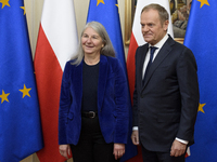 Polish Prime Minister Donald Tusk welcomes Secretary-General of the Council of the European Union (EU) Therese Blanchet in Warsaw, Poland, o...