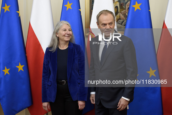 Polish Prime Minister Donald Tusk welcomes Secretary-General of the Council of the European Union (EU) Therese Blanchet in Warsaw, Poland, o...