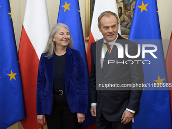 Polish Prime Minister Donald Tusk welcomes Secretary-General of the Council of the European Union (EU) Therese Blanchet in Warsaw, Poland, o...