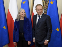 Polish Prime Minister Donald Tusk welcomes Secretary-General of the Council of the European Union (EU) Therese Blanchet in Warsaw, Poland, o...