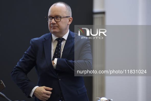 Polish Justice Minister Adam Bodnar appears before a cabinet meeting with Polish Prime Minister Donald Tusk and Secretary-General of the Cou...