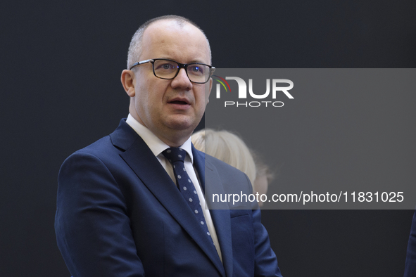 Polish Justice Minister Adam Bodnar appears before a cabinet meeting with Polish Prime Minister Donald Tusk and Secretary-General of the Cou...