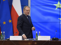 Polish Prime Minister Donald Tusk arrives at a meeting with Secretary-General of the Council of the European Union (EU) Therese Blanchet in...