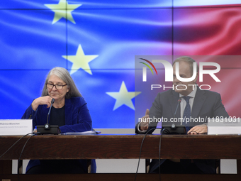 Polish Prime Minister Donald Tusk and Secretary-General of the Council of the European Union Therese Blanchet participate in a meeting with...