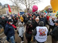 Retirees participate in a rally to call for pensions to be raised with inflation in Paris, France, on December 3, 2024, near the Prime Minis...