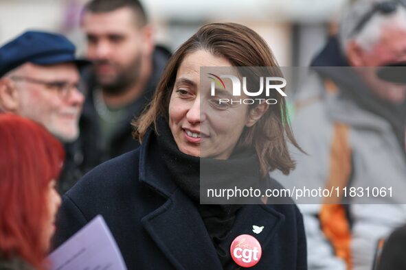 French workers union CGT general secretary Sophie Binet takes part in a rally by retired people to call for pensions to be raised with infla...