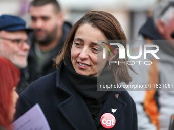 French workers union CGT general secretary Sophie Binet takes part in a rally by retired people to call for pensions to be raised with infla...