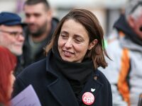 French workers union CGT general secretary Sophie Binet takes part in a rally by retired people to call for pensions to be raised with infla...