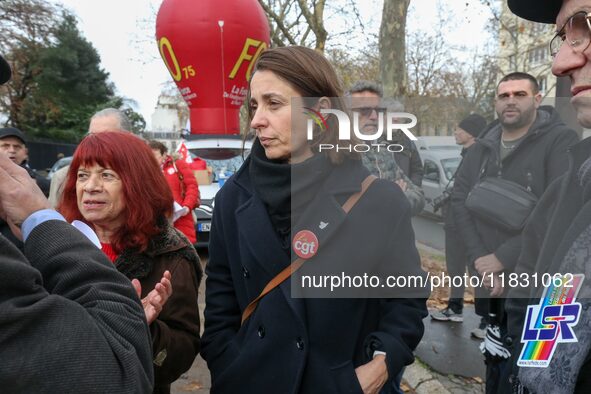 French workers union CGT general secretary Sophie Binet participates in a rally by retired people to call for pensions to be raised with inf...