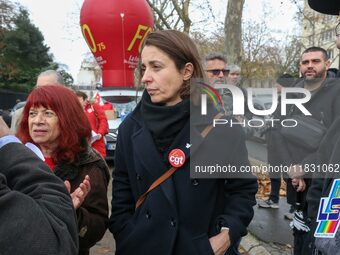 French workers union CGT general secretary Sophie Binet participates in a rally by retired people to call for pensions to be raised with inf...