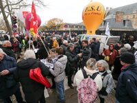 Retirees participate in a rally to call for pensions to be raised with inflation in Paris, France, on December 3, 2024, near the Prime Minis...