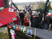 Retirees participate in a rally to call for pensions to be raised with inflation in Paris, France, on December 3, 2024, near the Prime Minis...