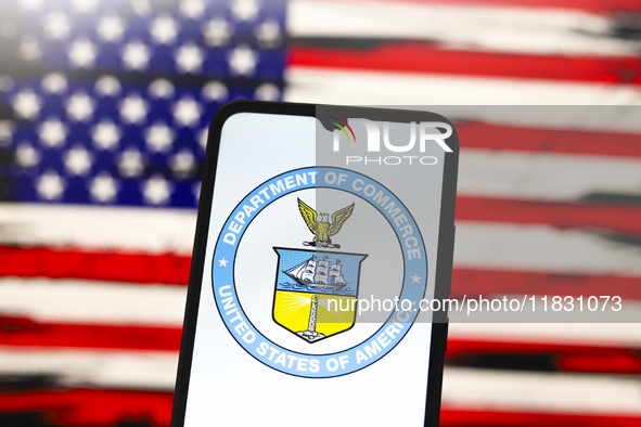 The United States Department of Commerce (DOC) logo appears on the screen of a smartphone, and in the background, the flag of the United Sta...