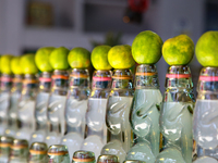 Bottles of cold lime water (nimbu paani) are at a small shop in Mussoorie, Uttarakhand, India, on April 18, 2024. (