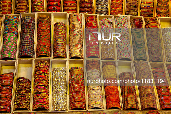 Bangles are displayed at a small shop in Mussoorie, Uttarakhand, India, on April 18, 2024. 