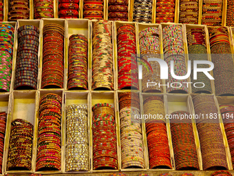 Bangles are displayed at a small shop in Mussoorie, Uttarakhand, India, on April 18, 2024. (