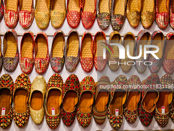 Traditional shoes are displayed at a small shop in Mussoorie, Uttarakhand, India, on April 18, 2024. (