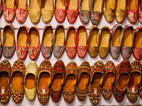 Traditional shoes are displayed at a small shop in Mussoorie, Uttarakhand, India, on April 18, 2024. (