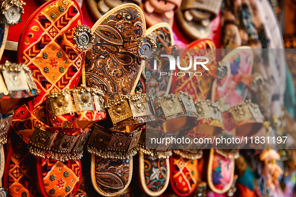 Traditional sandals (chappals) are displayed at a small shop in Mussoorie, Uttarakhand, India, on April 18, 2024. 