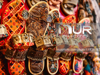 Traditional sandals (chappals) are displayed at a small shop in Mussoorie, Uttarakhand, India, on April 18, 2024. (