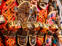 Traditional sandals (chappals) are displayed at a small shop in Mussoorie, Uttarakhand, India, on April 18, 2024. (