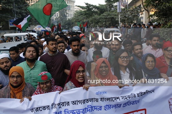 Activists of the Jatiya Nagarik Committee stage a protest rally against the attack on the Bangladesh Assistant High Commission in Agartala a...