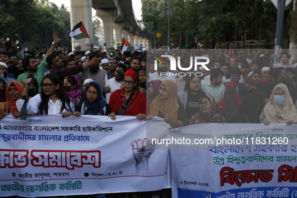 Activists of the Jatiya Nagarik Committee stage a protest rally against the attack on the Bangladesh Assistant High Commission in Agartala a...