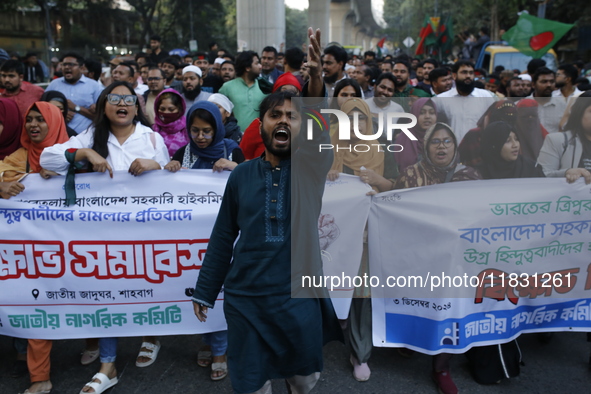 Activists of the Jatiya Nagarik Committee stage a protest rally against the attack on the Bangladesh Assistant High Commission in Agartala a...